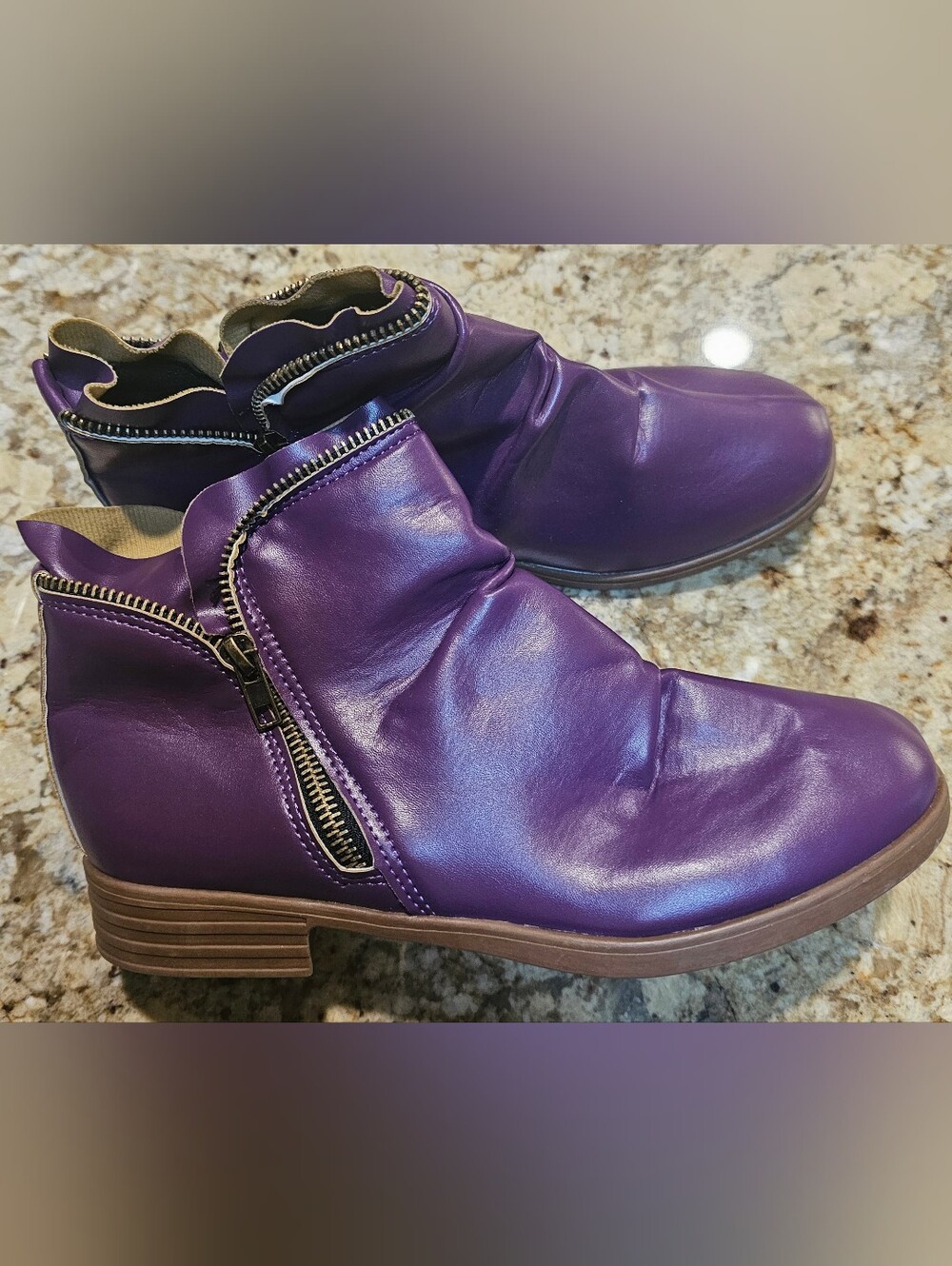 Purple Women's  Ankle Boots with Side Zippers On Each Side.